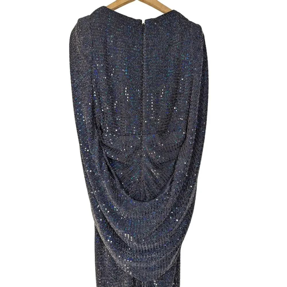 Talbot Runhof Rosin Metallic Navy Draped Gown V-Neck Cape Sleeve 6 36 Preowned - Picture 7 of 14